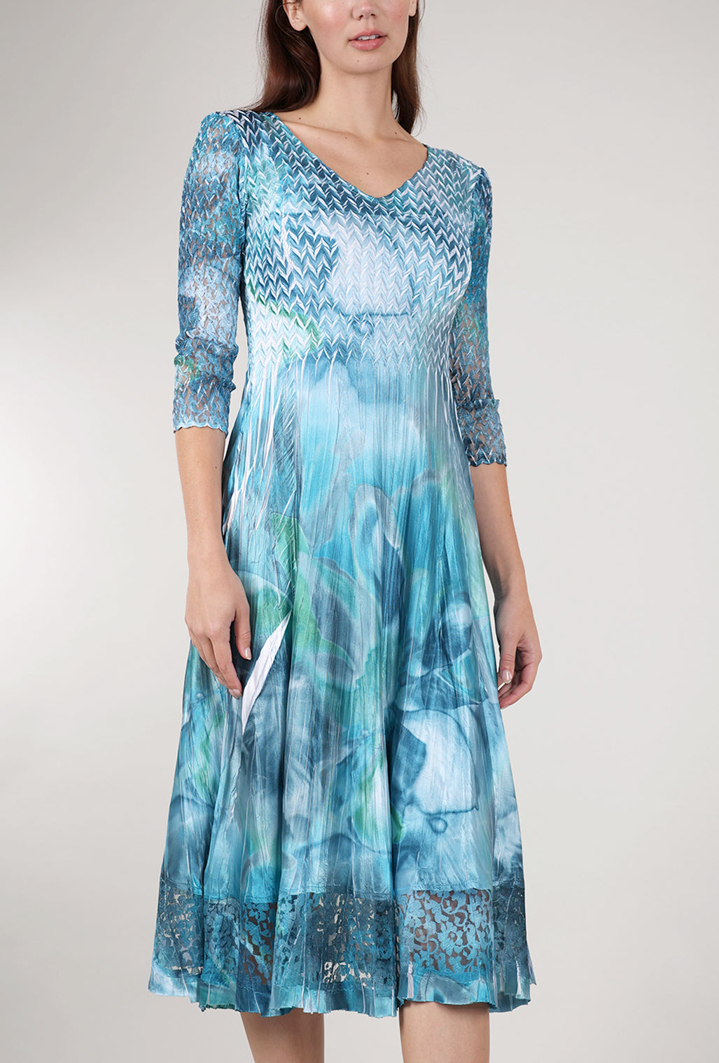 Komarov Lace Sleeve Watercolor Dress, Turquoise 