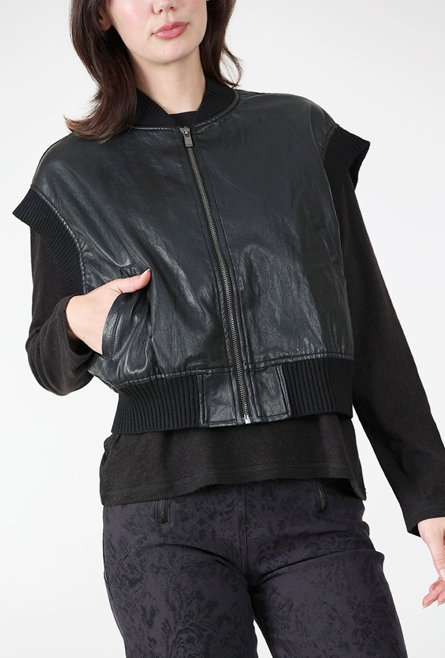 Vegan Leather Zip Vest, Black Angle 4