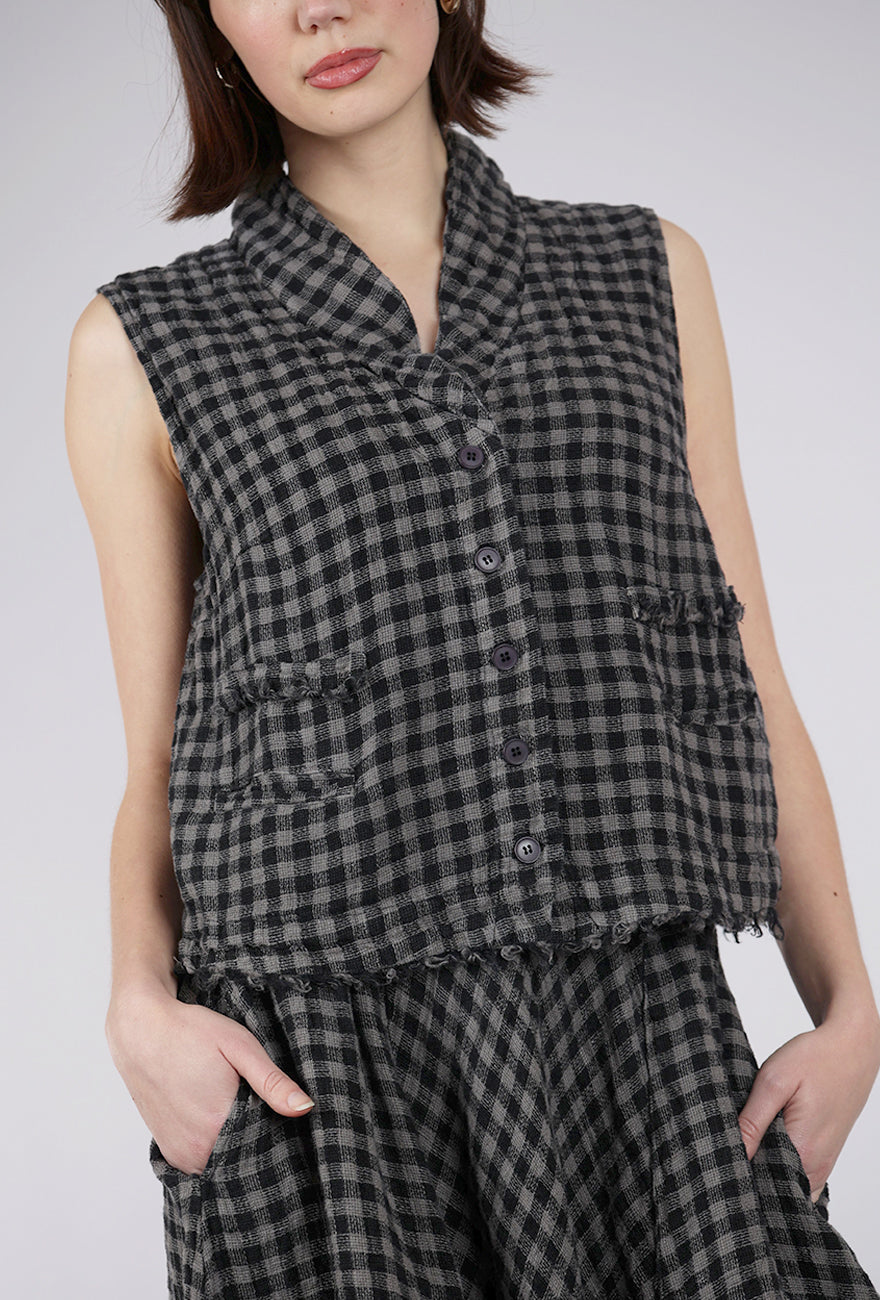 Grizas Rustic Linen Check Vest, Mushroom 