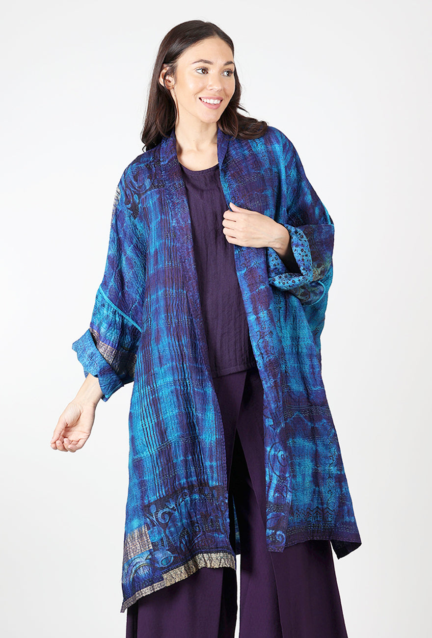 Mieko Mintz Vintage Silk Kantha Kimono Wrap, Sapphire 