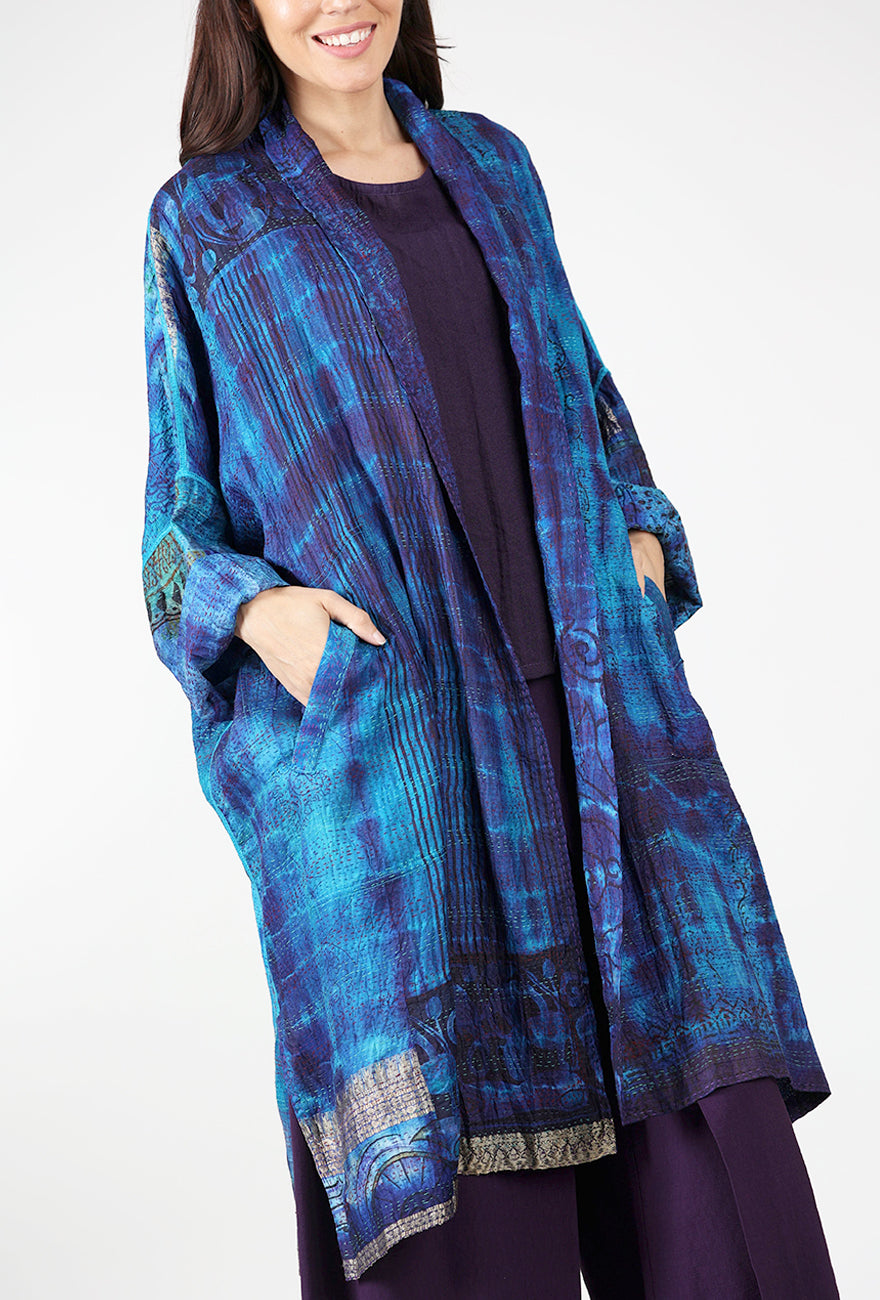 Mieko Mintz Vintage Silk Kantha Kimono Wrap, Sapphire 