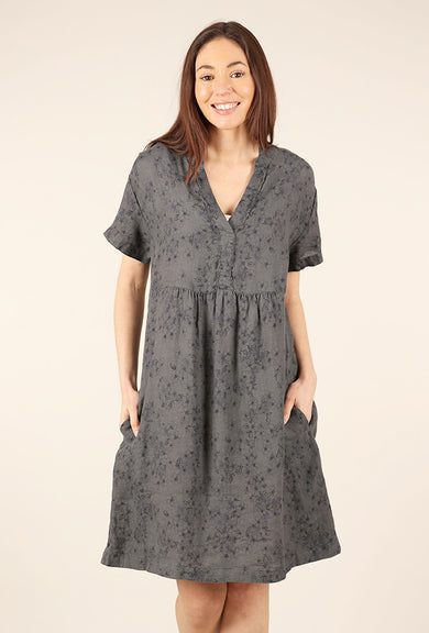 Cut Loose Print Linen Cap-Sleeve Dress, Anthracite 