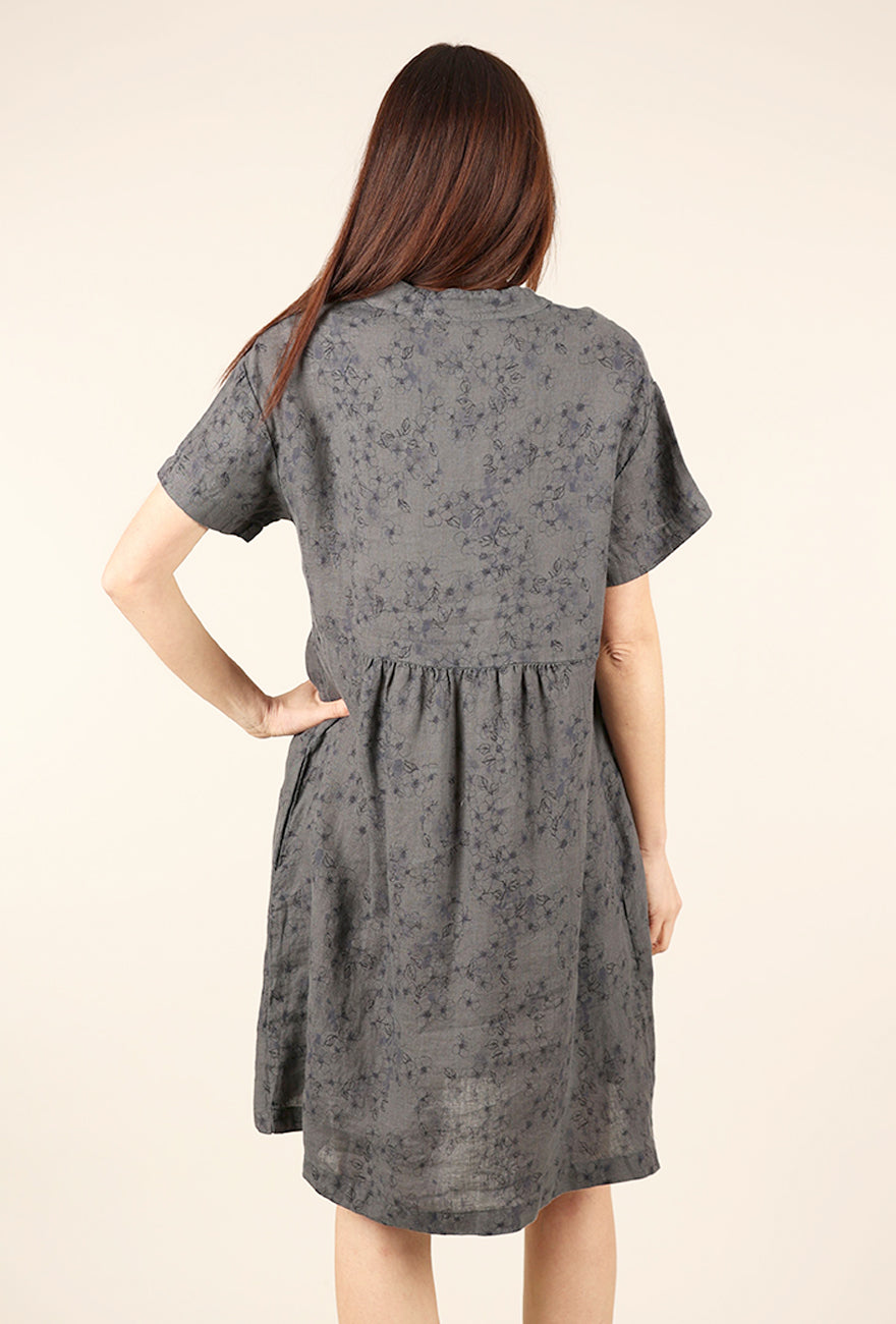 Print Linen Cap-Sleeve Dress, Anthracite
