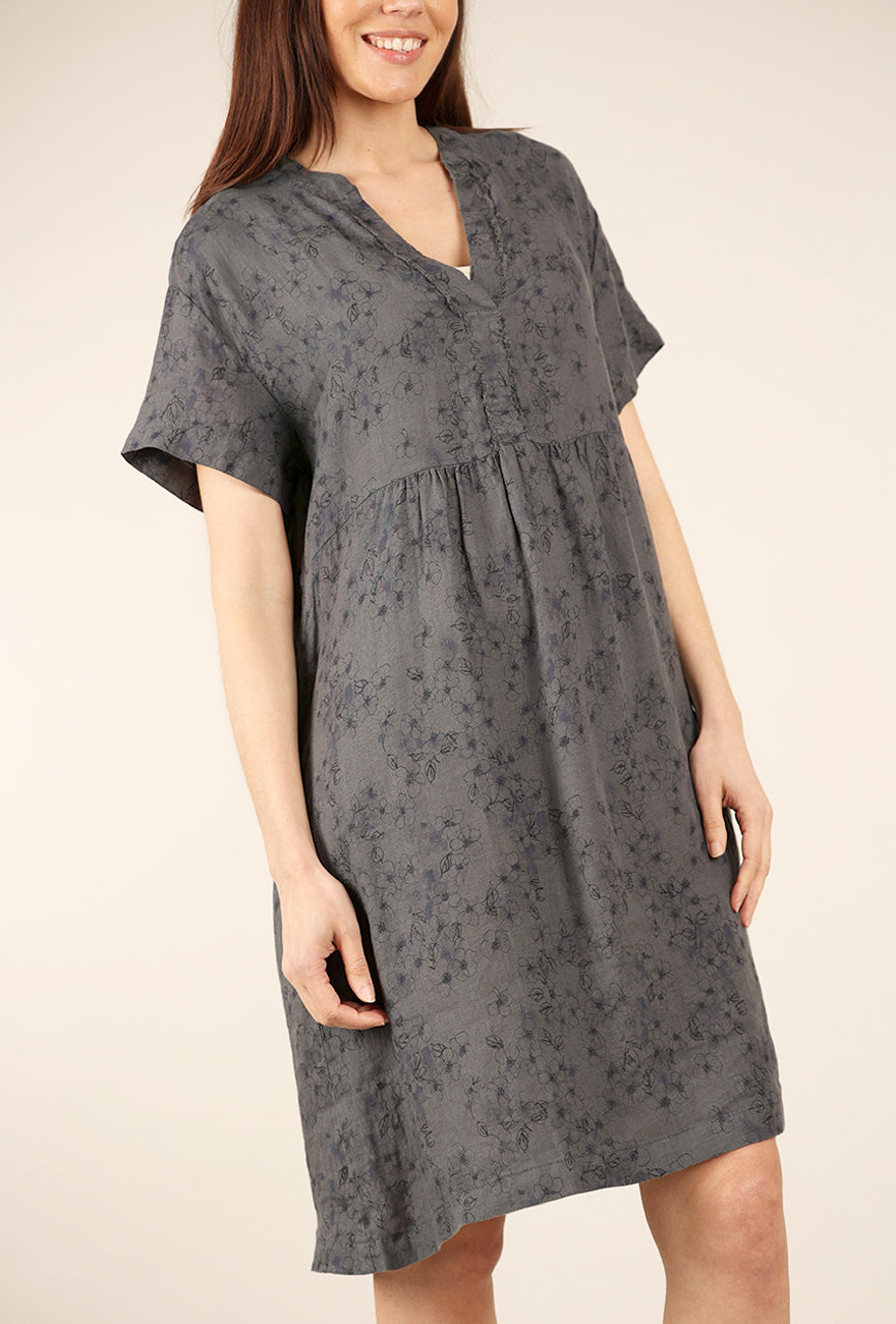 Cut Loose Print Linen Cap-Sleeve Dress, Anthracite 