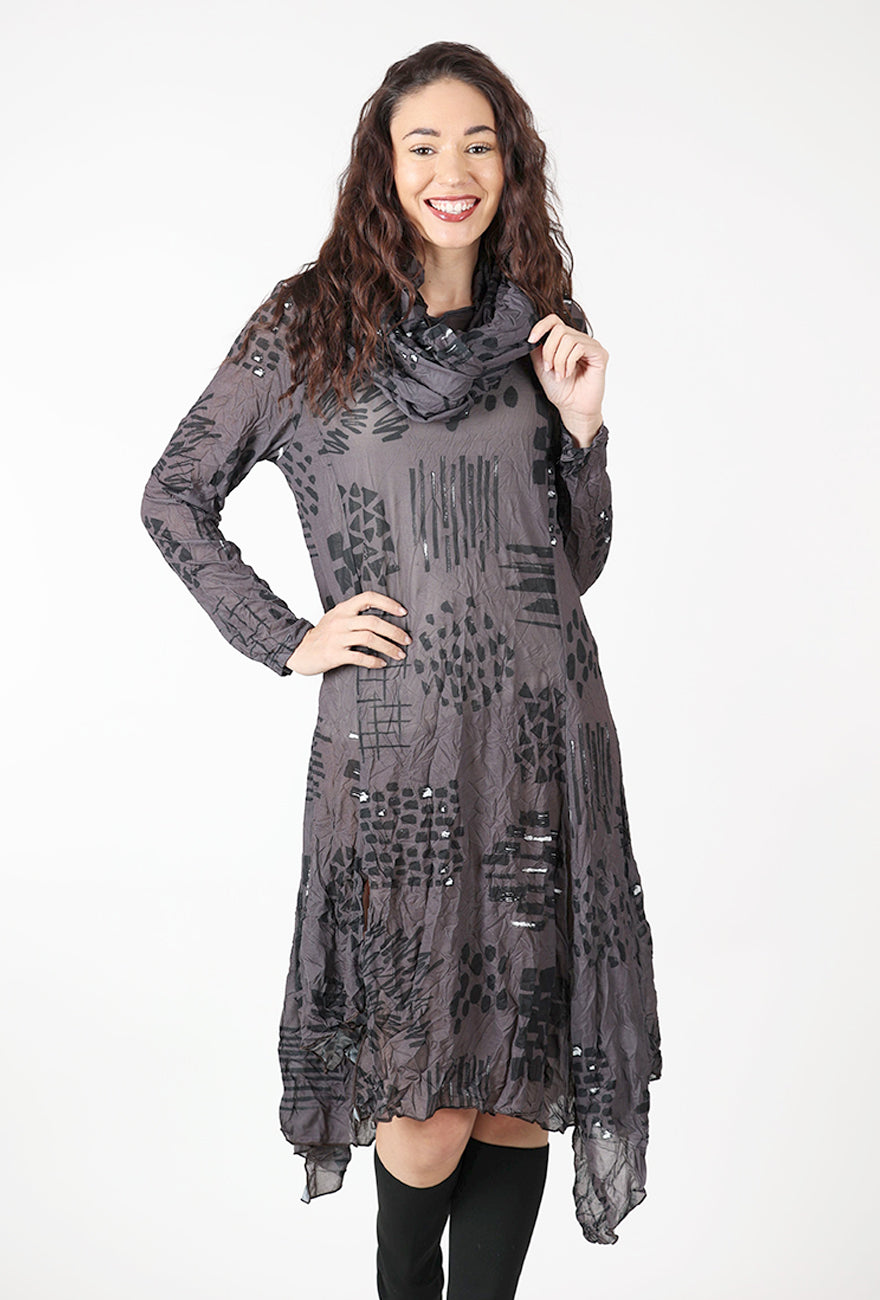 Crinkle Cowl Dress, Brown/Black