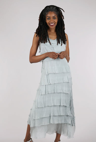 Liabella Long Tattered Tiers Dress, Silver 