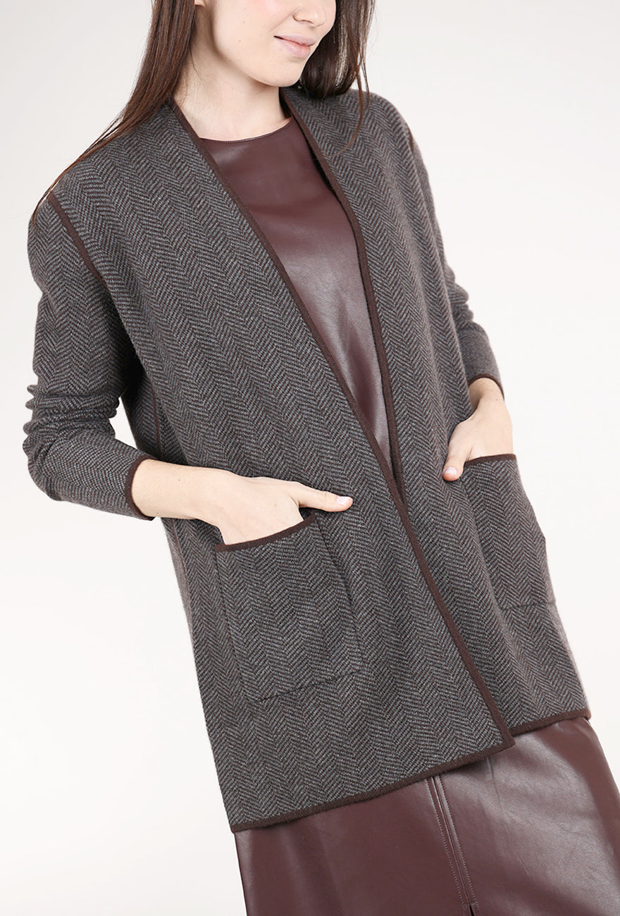 Kinross Cashmere Jacquard Herringbone Cardie, Charcoal/Flannel 