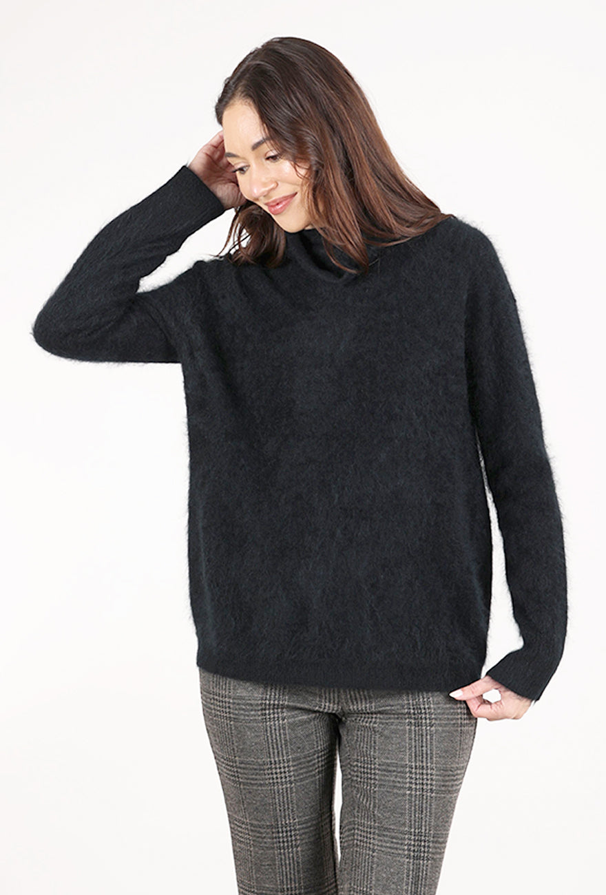 Kinross Cashmere Brushed Cashmere Funnel Neck, Black 