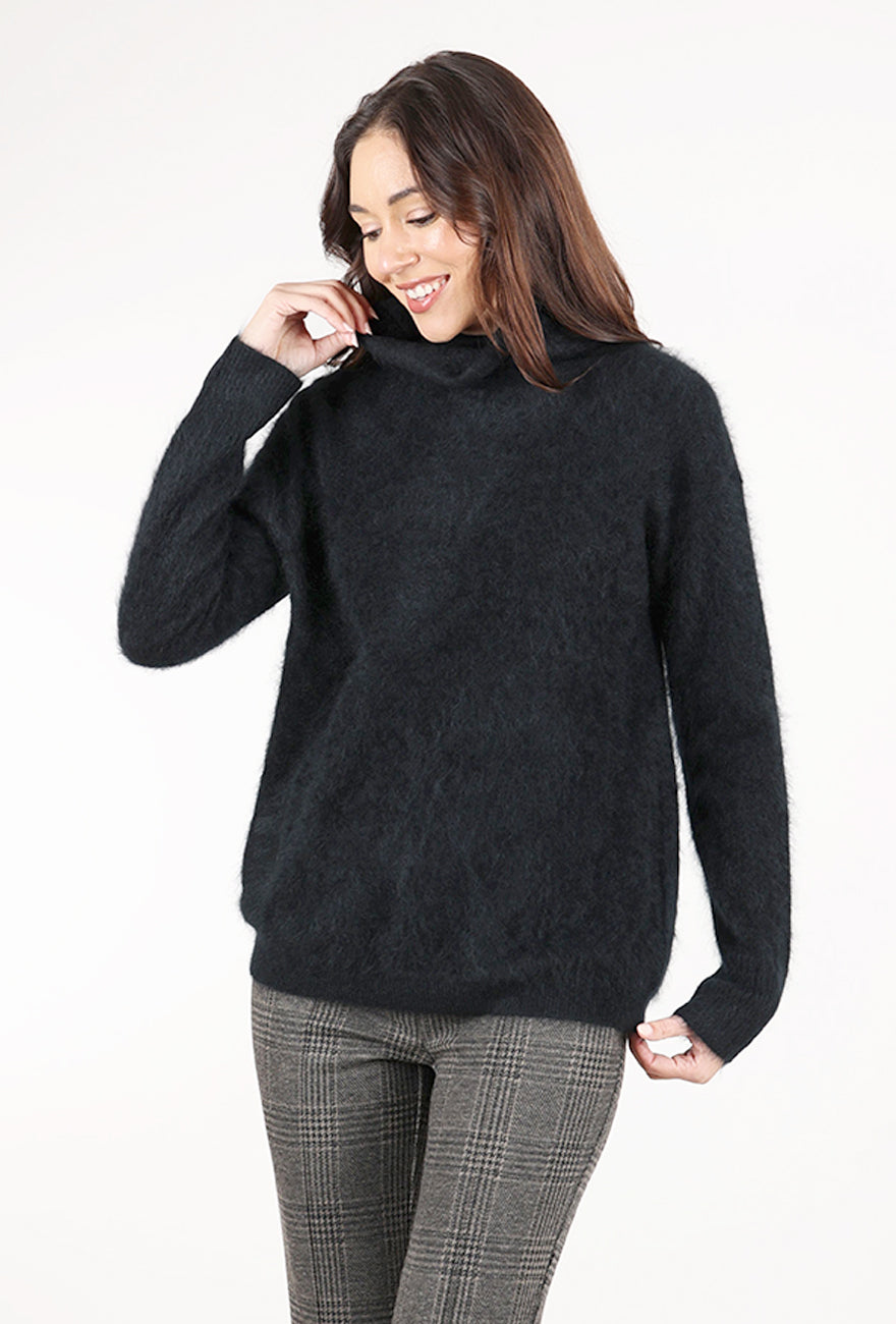 Kinross Cashmere Brushed Cashmere Funnel Neck, Black 