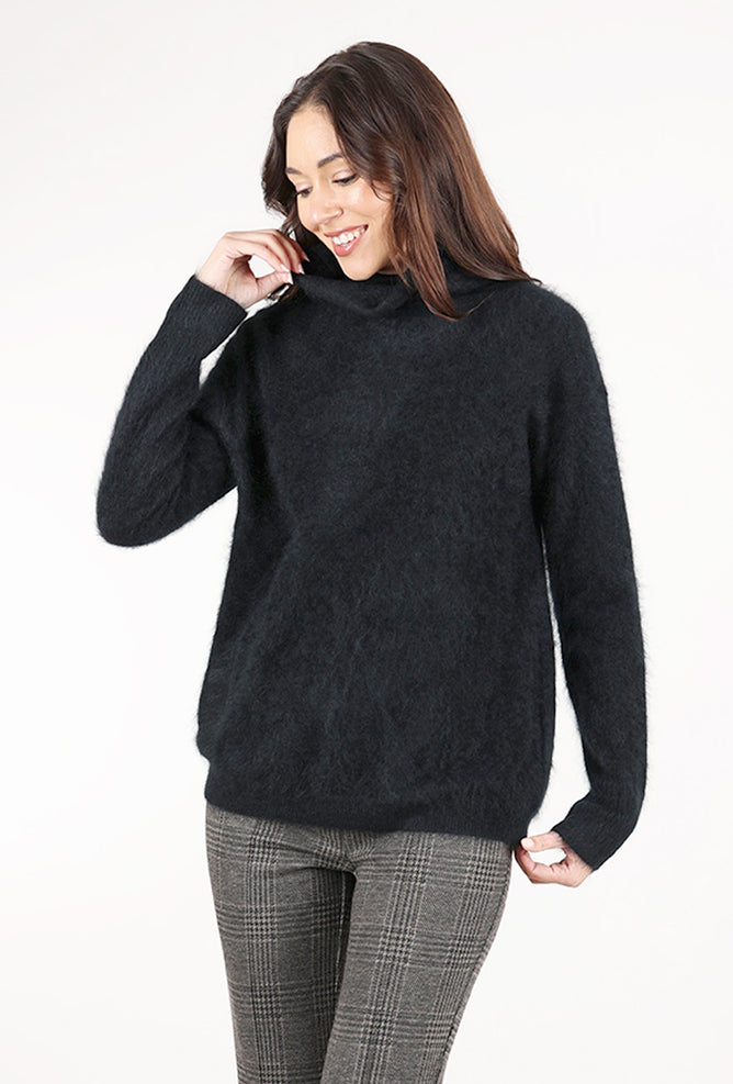 Kinross Cashmere Brushed Cashmere Funnel Neck, Black 