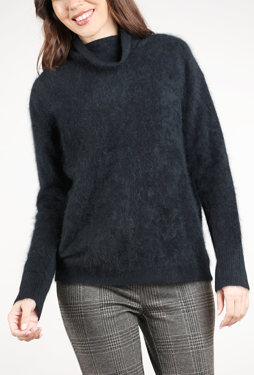 Kinross Cashmere Brushed Cashmere Funnel Neck, Black 