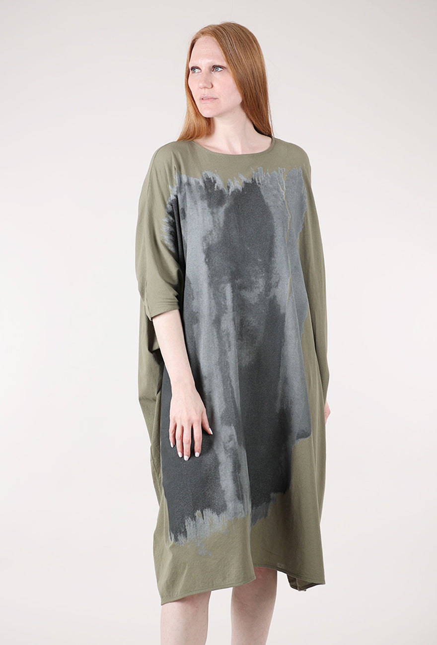Moyuru Dolman Drape Graphic Dress, Khaki 