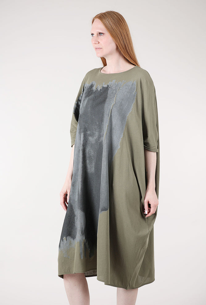 Moyuru Dolman Drape Graphic Dress, Khaki 