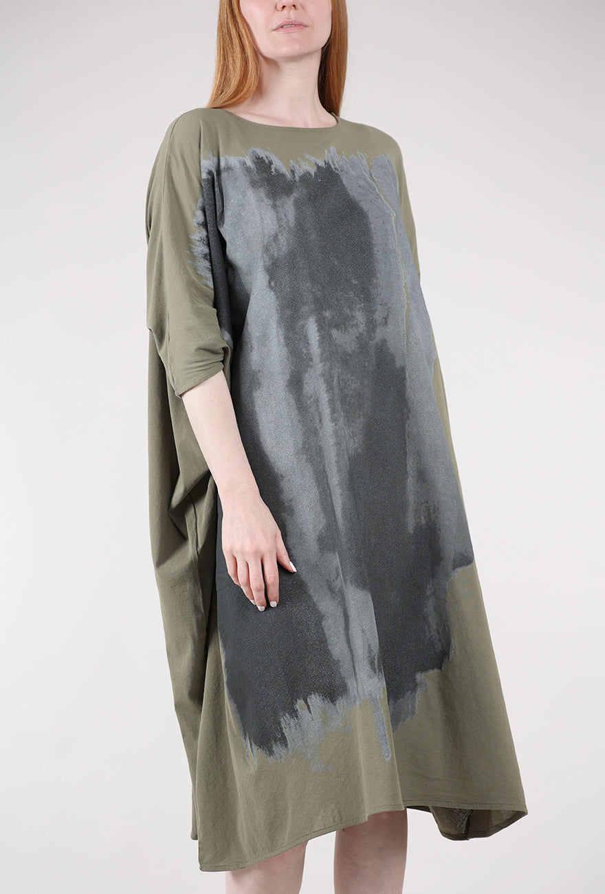 Moyuru Dolman Drape Graphic Dress, Khaki 