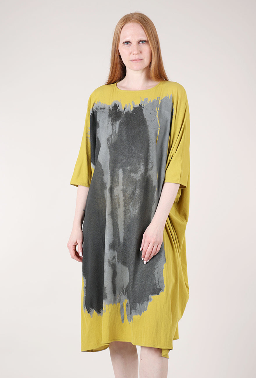 Moyuru Dolman Drape Graphic Dress, Mustard 