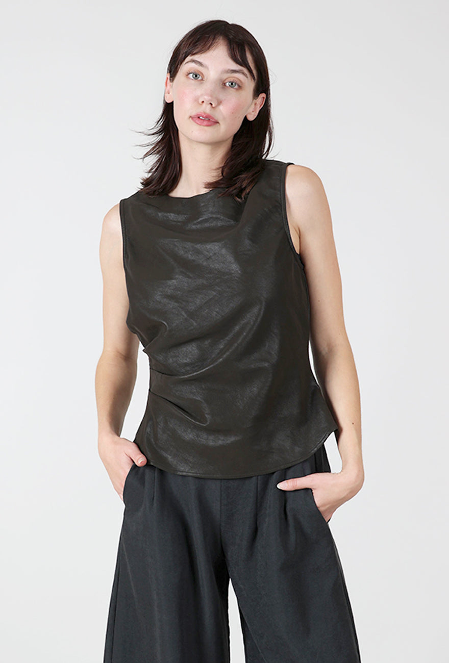 Vegan Leather Pleat Top, Espresso