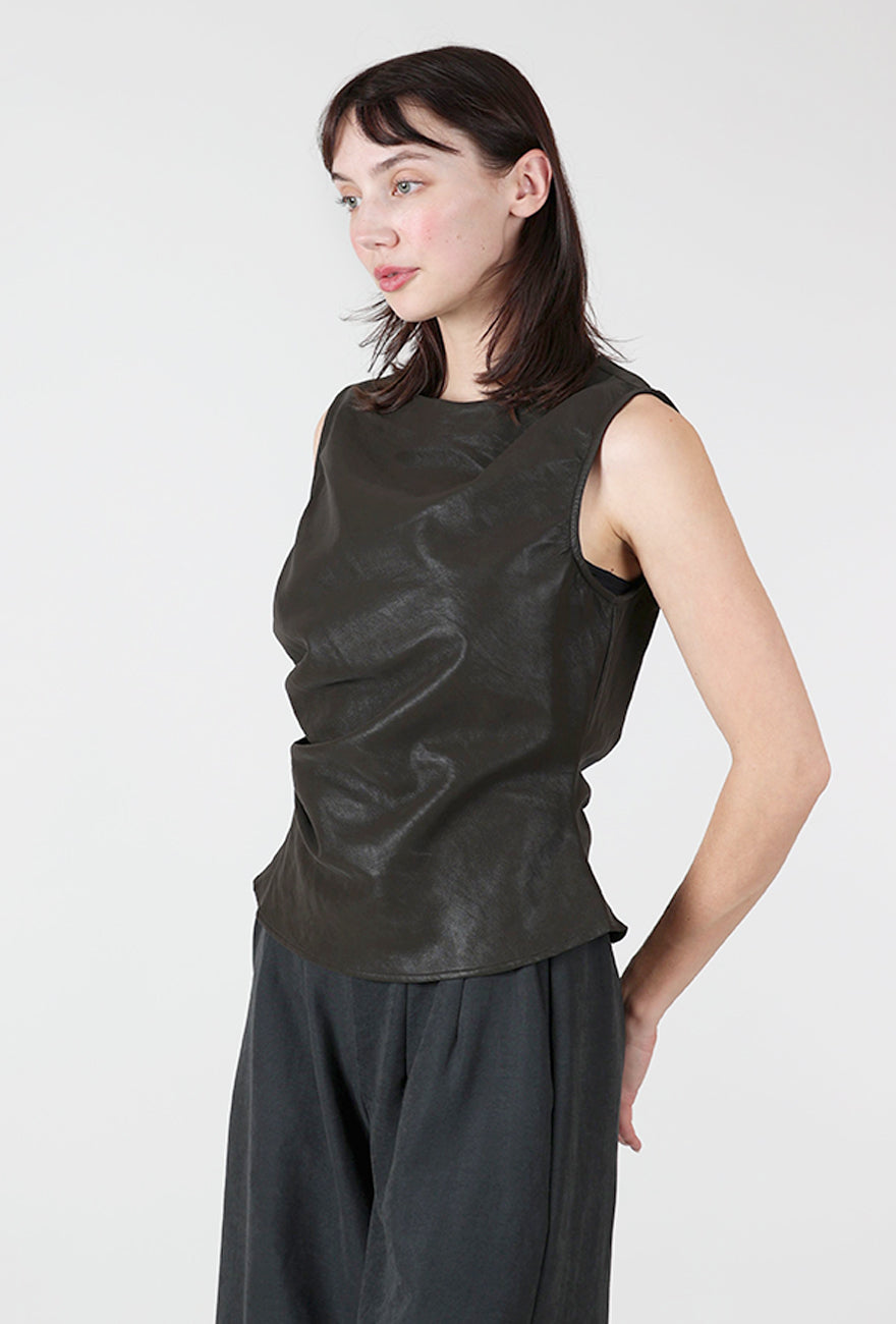 Vegan Leather Pleat Top, Espresso Angle 2