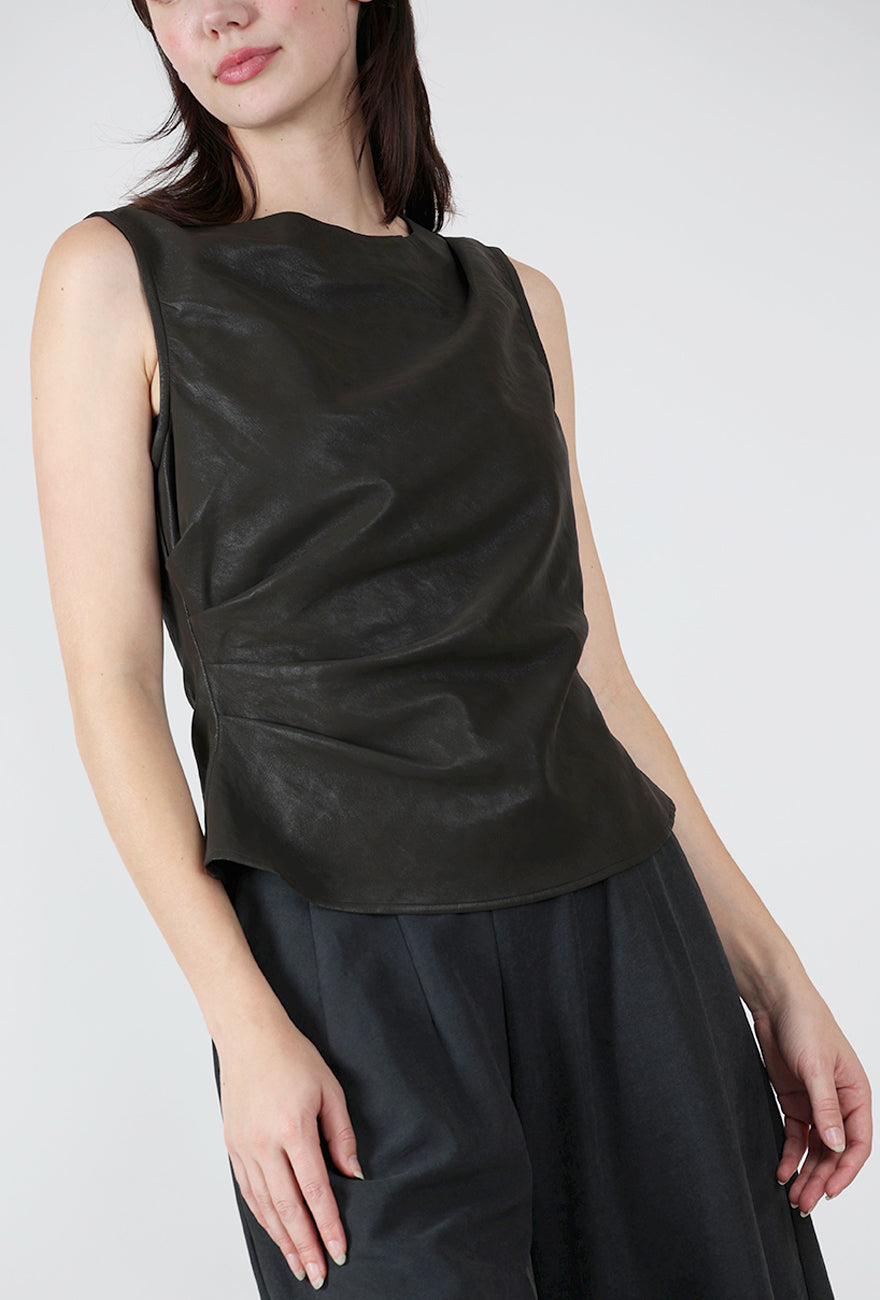 Vegan Leather Pleat Top, Espresso