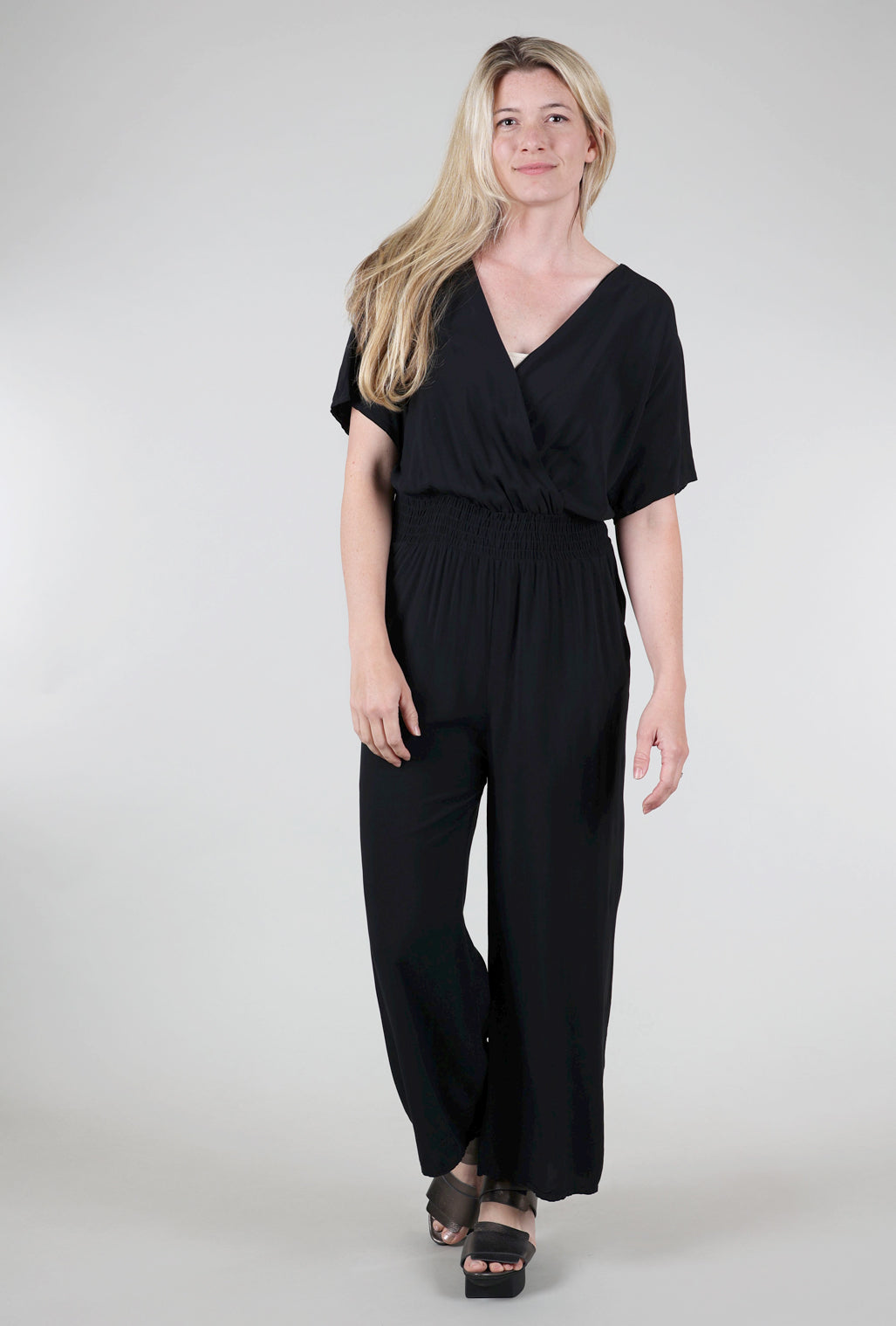 M Made in Italy Smocked Waist Jumpsuit, Black 