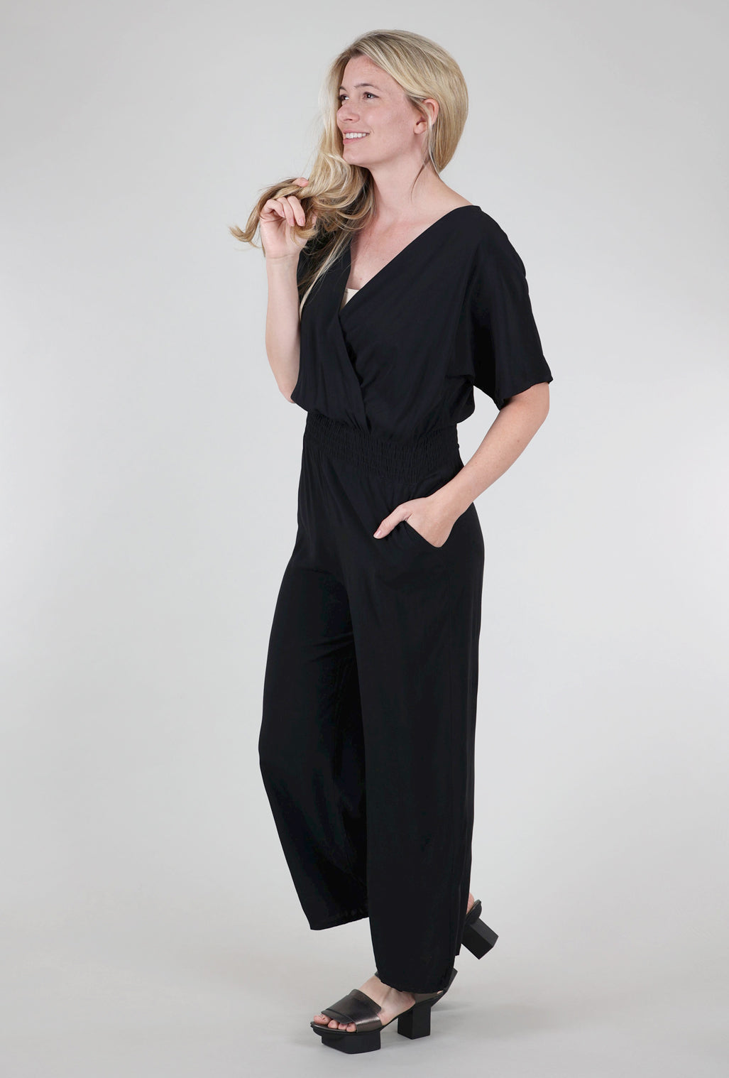 M Made in Italy Smocked Waist Jumpsuit, Black 