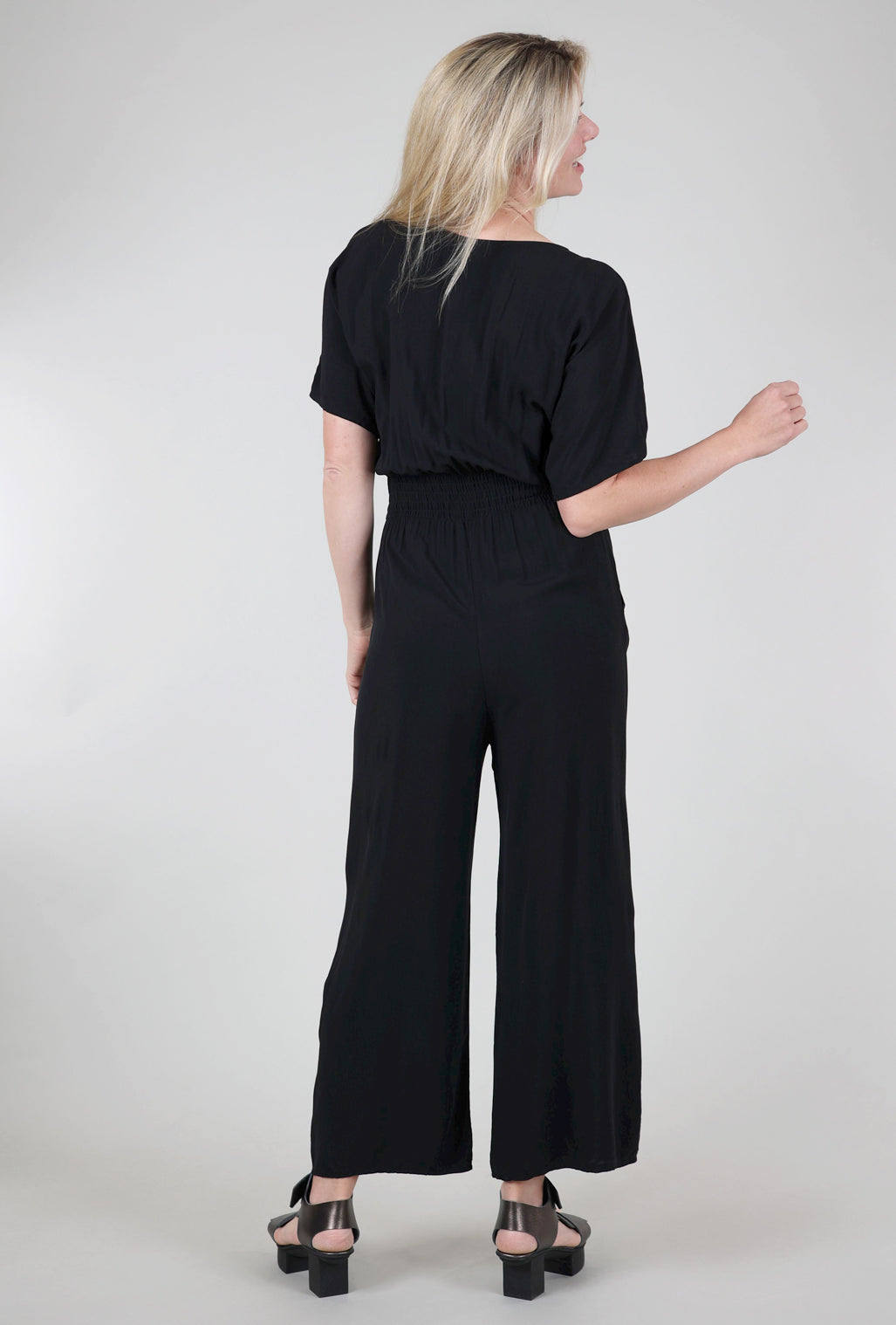 M Made in Italy Smocked Waist Jumpsuit, Black 