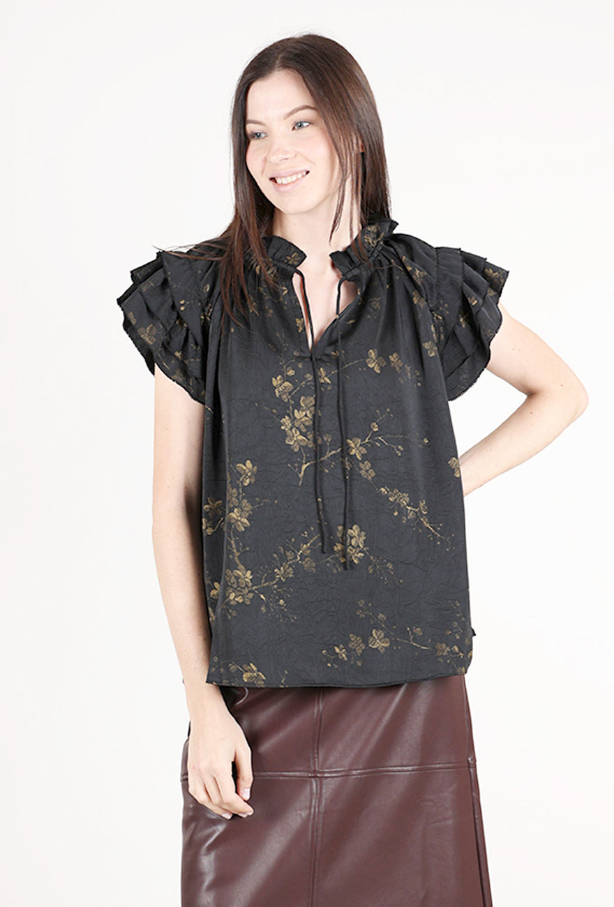 Grade & Gather Printed Ruffle Top, Black/Khaki 