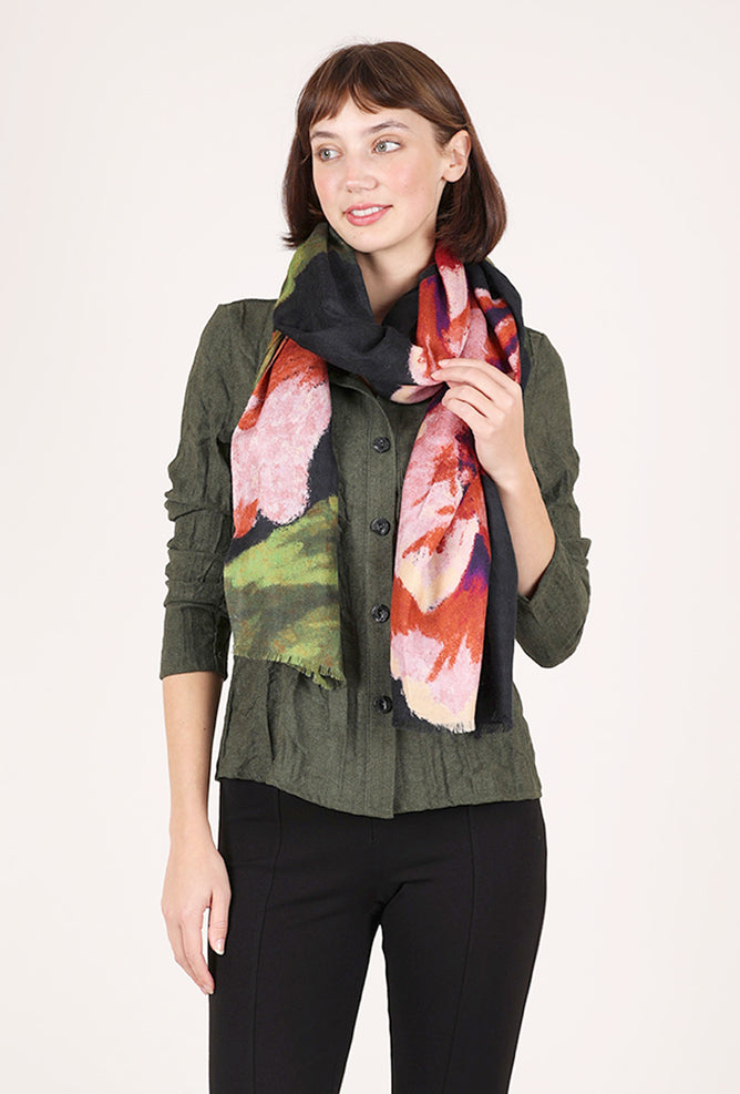 Kinross Cashmere Fall Florals Wool Scarf, Forest/Pink 
