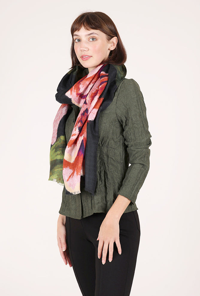 Kinross Cashmere Fall Florals Wool Scarf, Forest/Pink 
