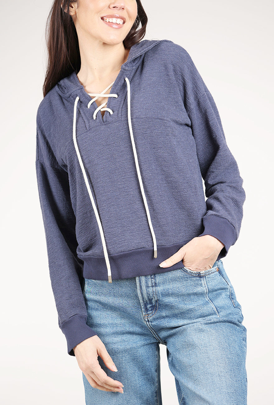 Mododoc Lace Up Henley Hoodie, Sailor Blue 
