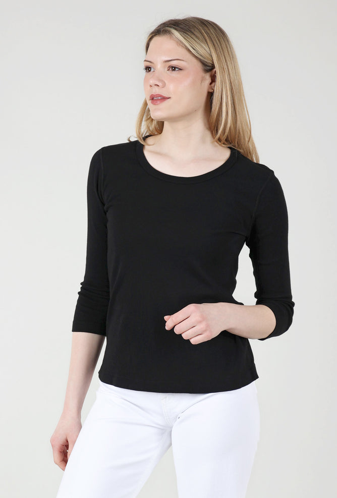 Cotton Lani Crew-Neck 3/4-Sleeve Tee, Black 