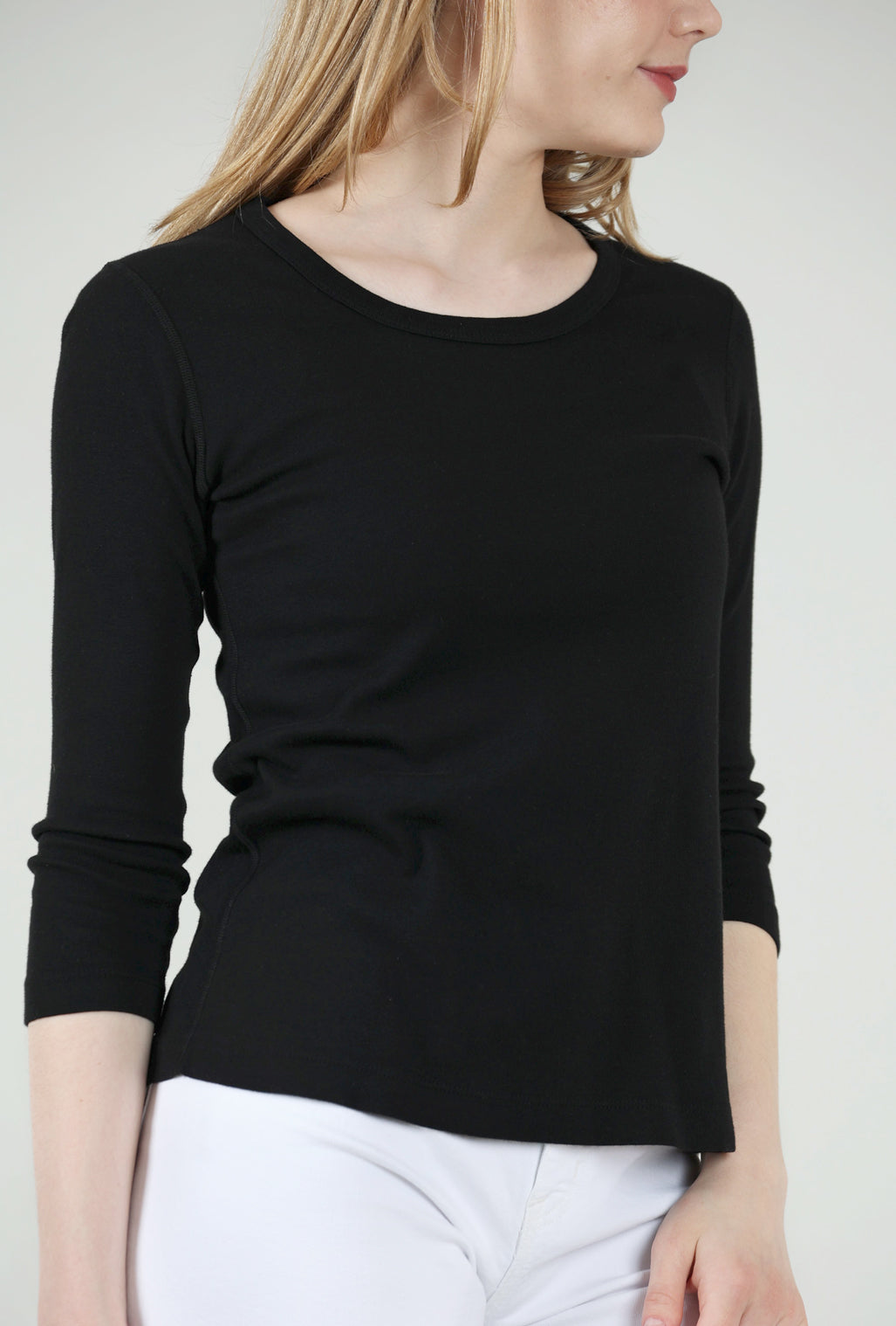 Cotton Lani Crew-Neck 3/4-Sleeve Tee, Black 