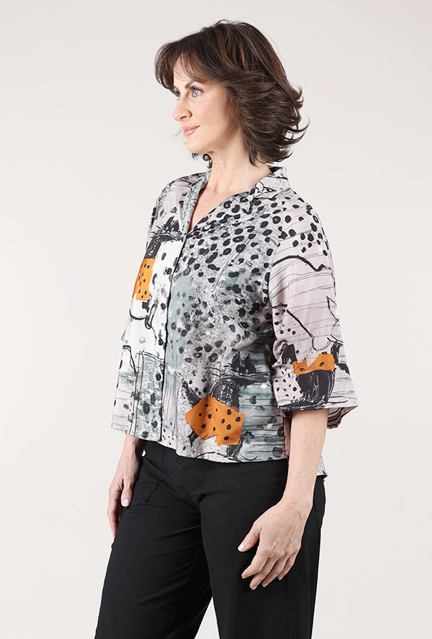 3 Potato Catty Button-Up Swing Shirt, Gray/Orange 