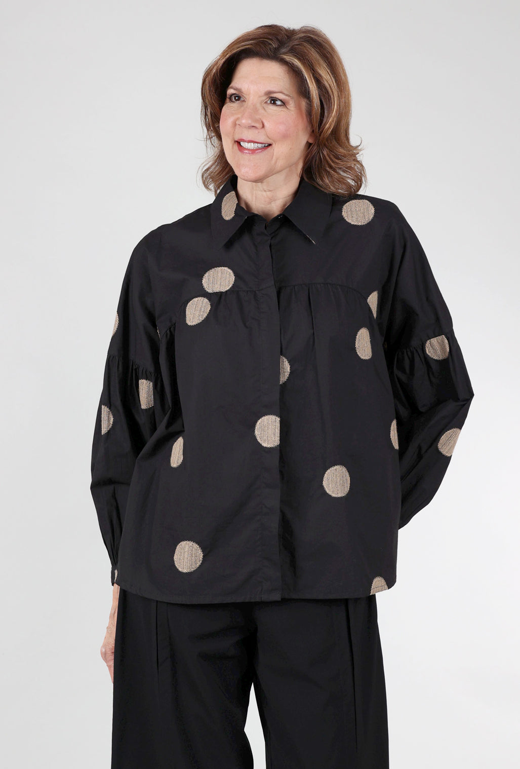 Noen Woven Dot Smock Top, Black/Khaki 