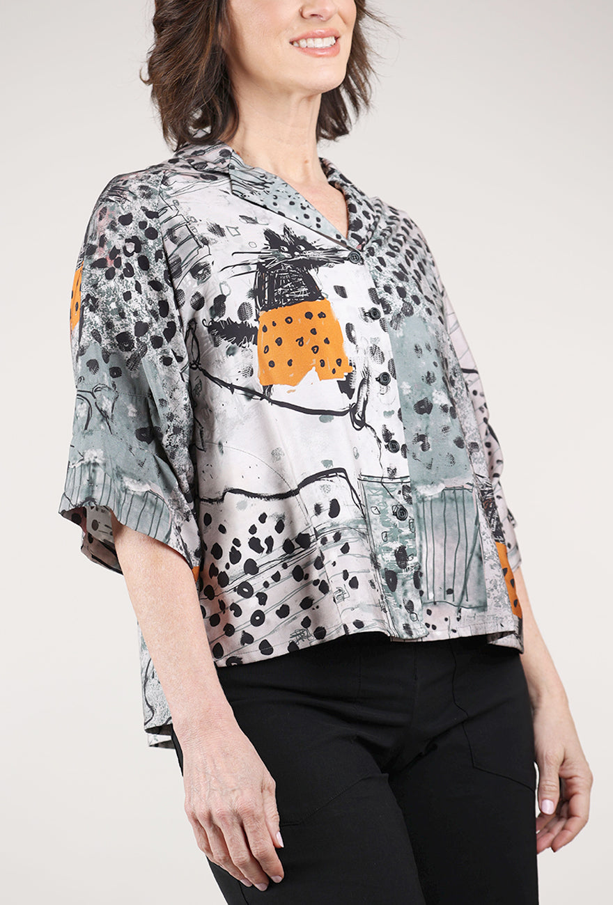 3 Potato Catty Button-Up Swing Shirt, Gray/Orange 