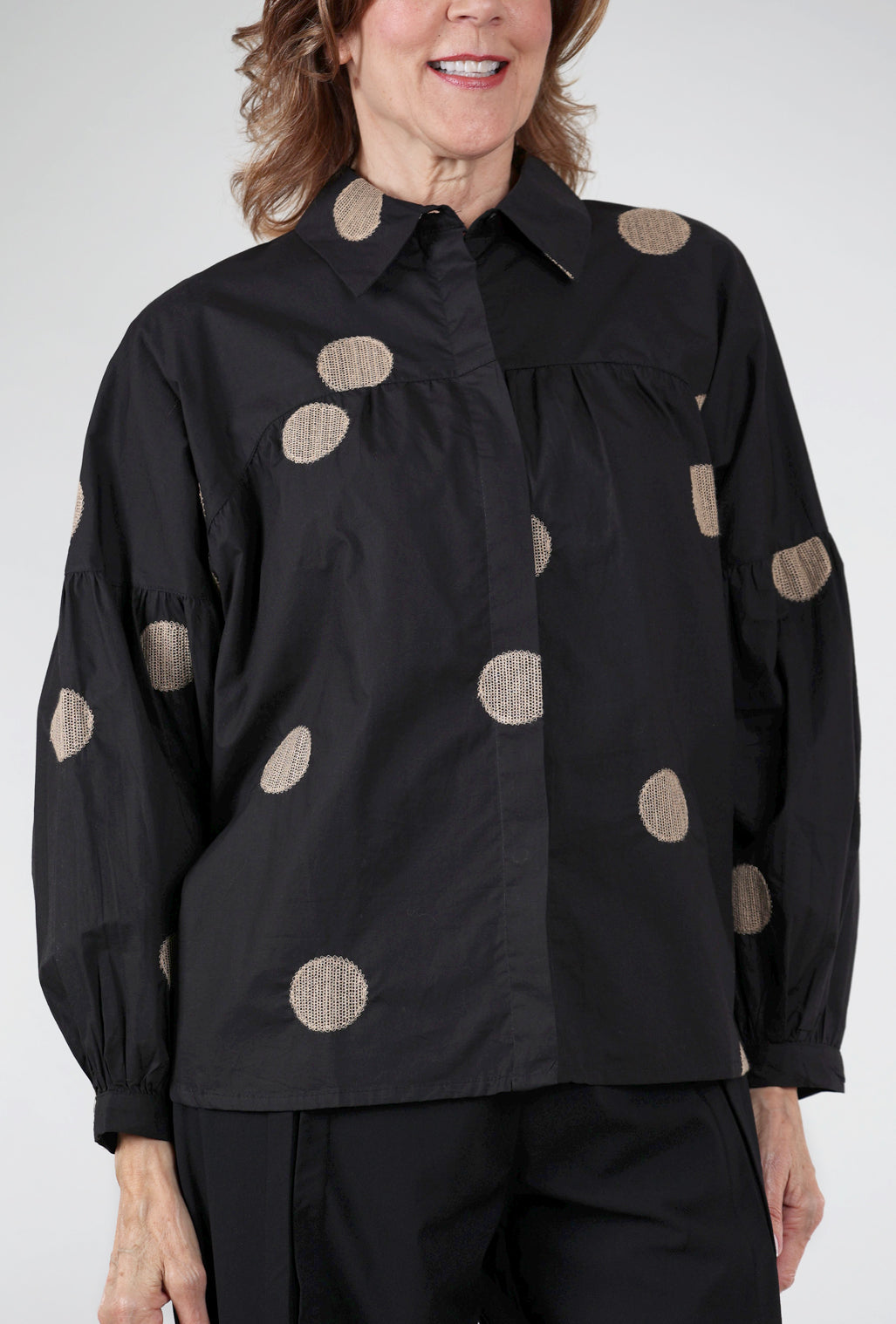 Noen Woven Dot Smock Top, Black/Khaki 