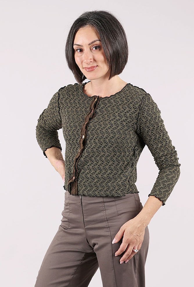 Cut Loose Crochet Trim Crop Cardie, Kelp 