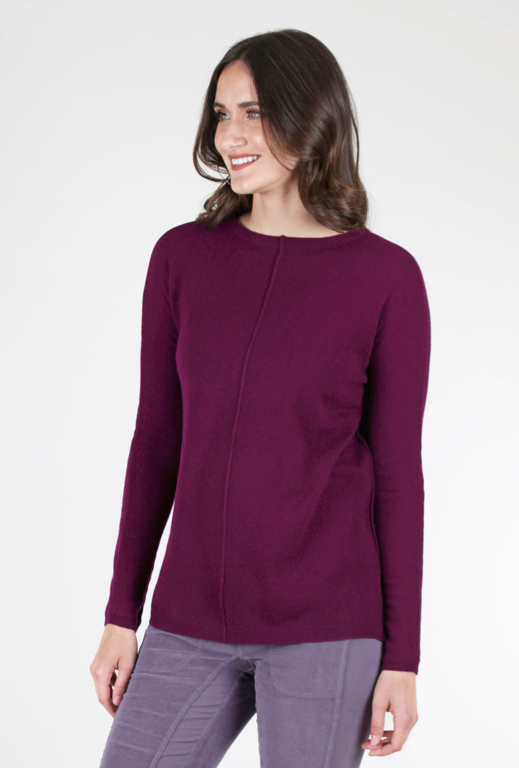 Kinross Cashmere Seamed Easy Cashmere Pullover, Plum 