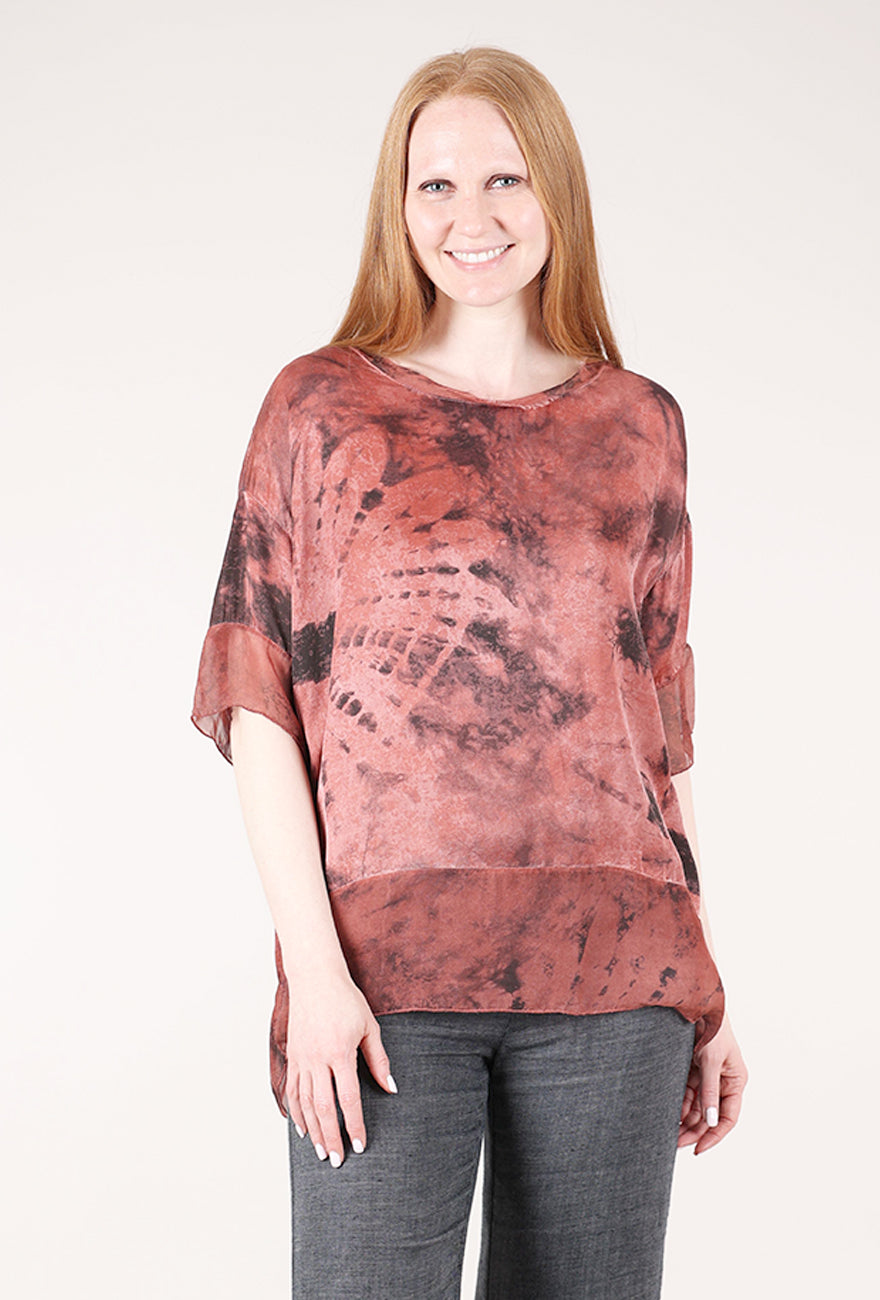 Sanctamuerte Chiffon Trim Silk Sari Top, Red Ochre Print 