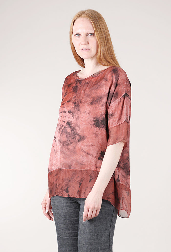 Sanctamuerte Chiffon Trim Silk Sari Top, Red Ochre Print 