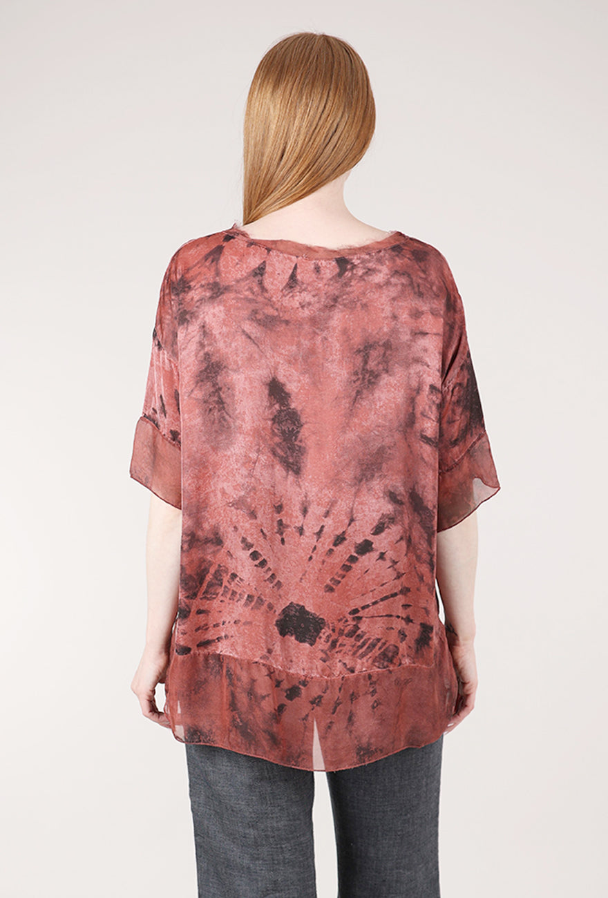 Sanctamuerte Chiffon Trim Silk Sari Top, Red Ochre Print 