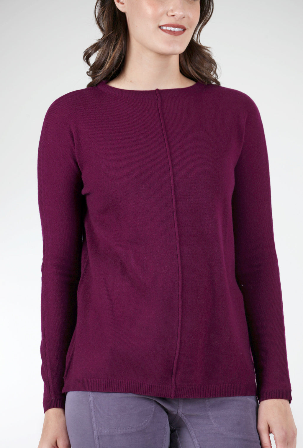 Kinross Cashmere Seamed Easy Cashmere Pullover, Plum 