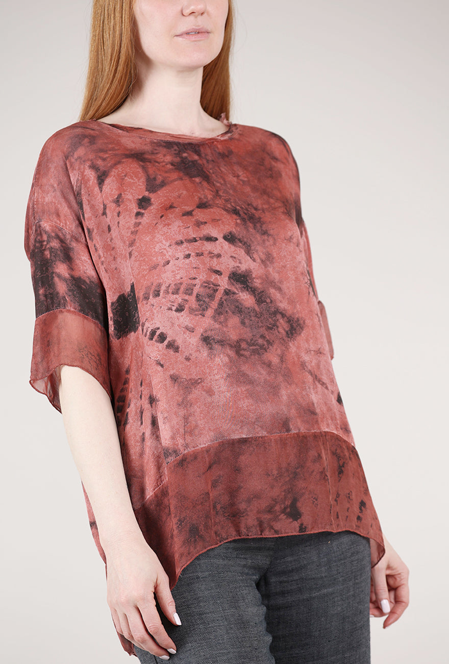 Sanctamuerte Chiffon Trim Silk Sari Top, Red Ochre Print 