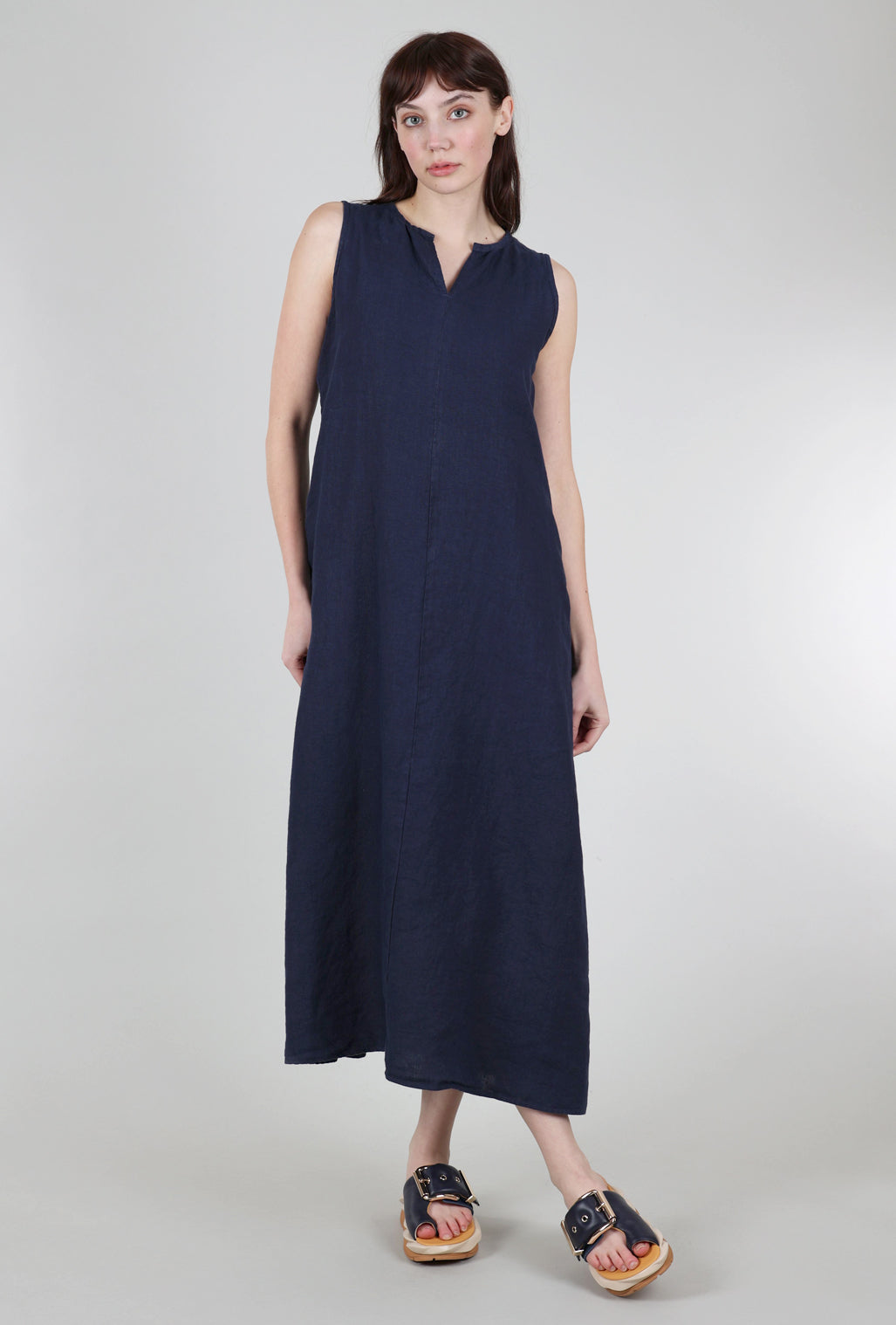 Cut Loose Linen Split-Neck Maxi Dress, Nightsky 