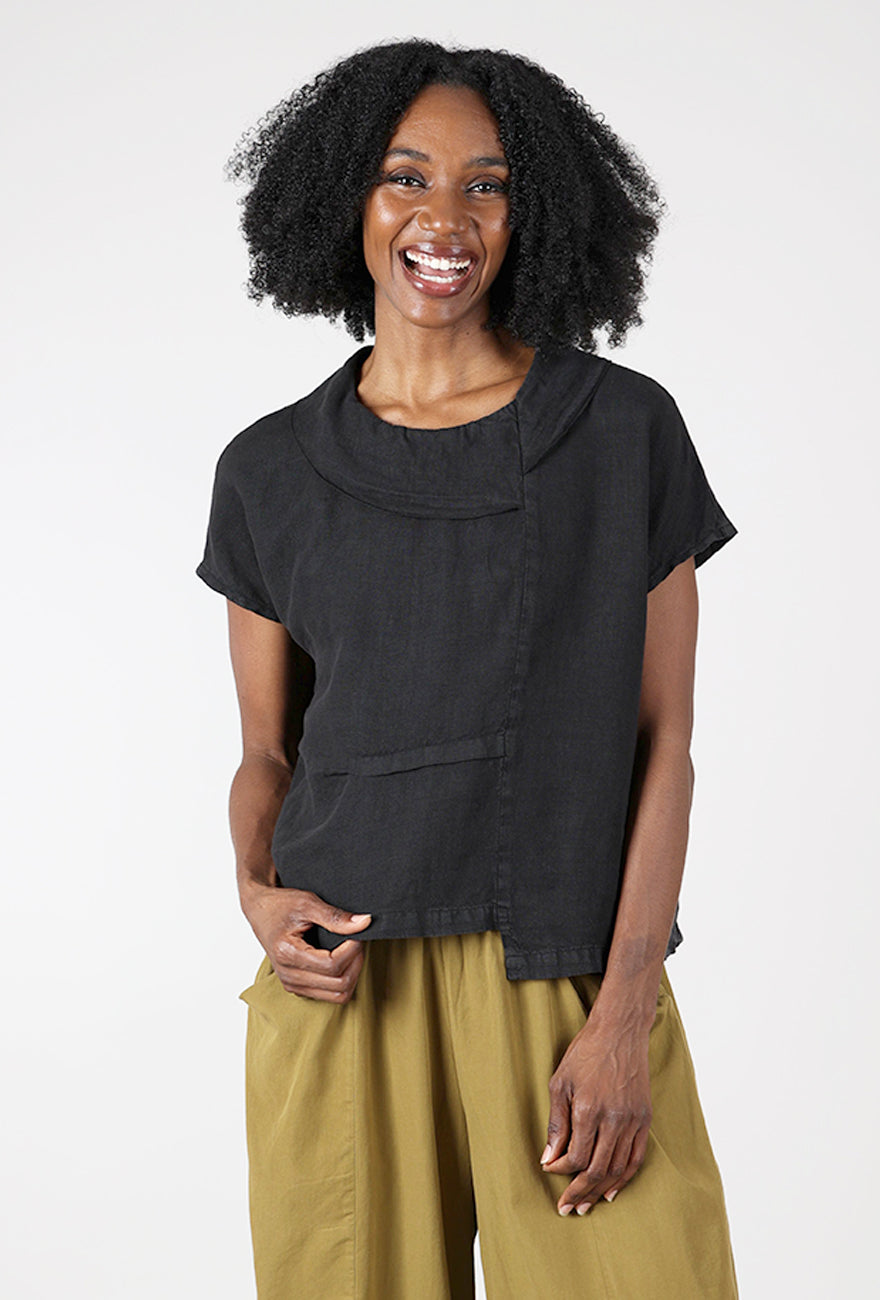 Fenini Linen Collar Crop Top, Black 