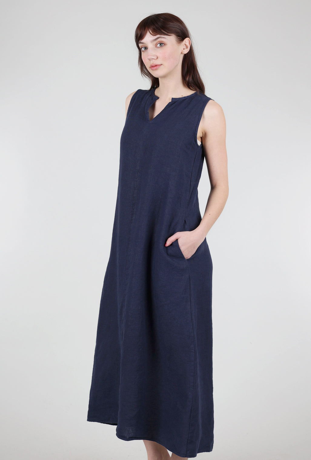 Cut Loose Linen Split-Neck Maxi Dress, Nightsky 