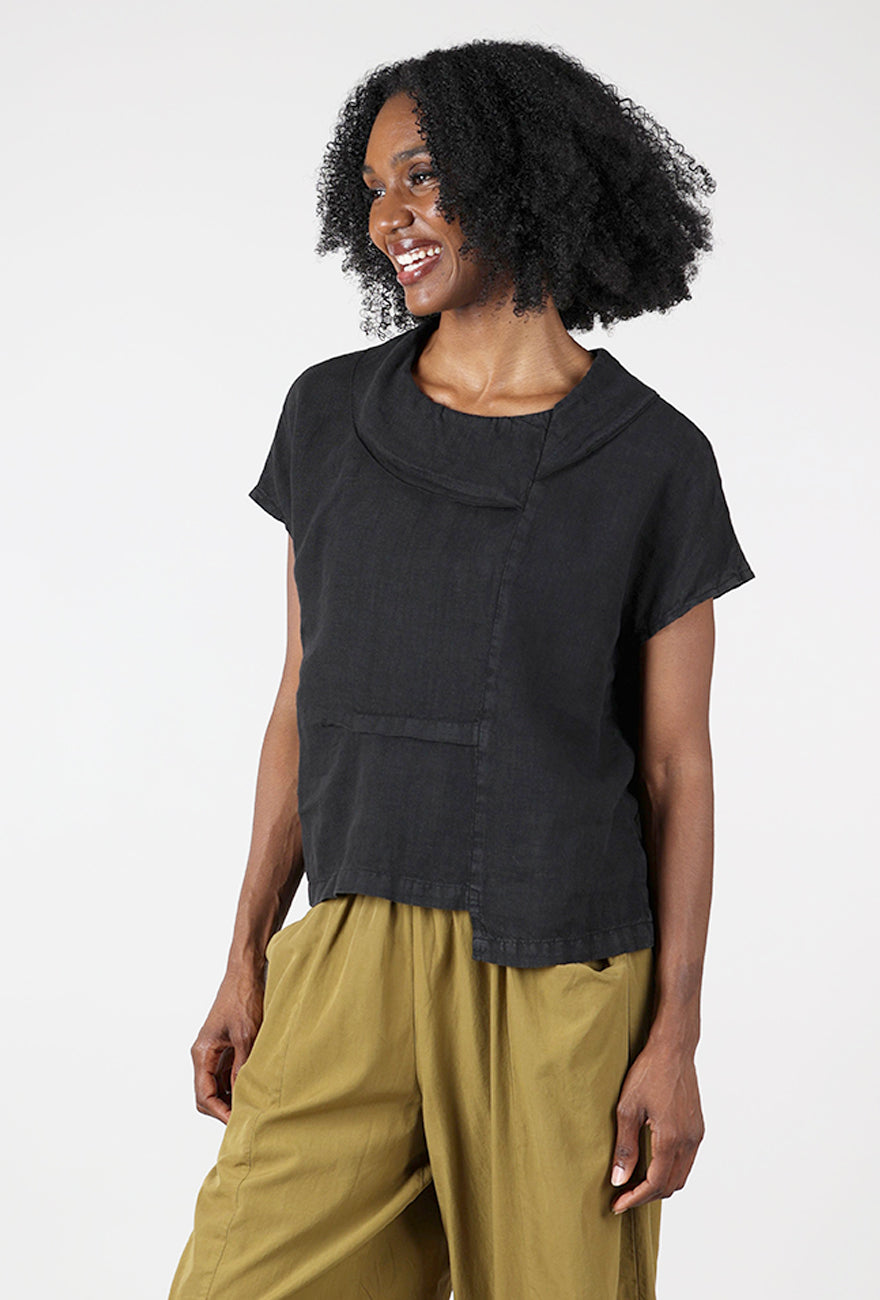 Linen Collar Crop Top, Black Angle 2