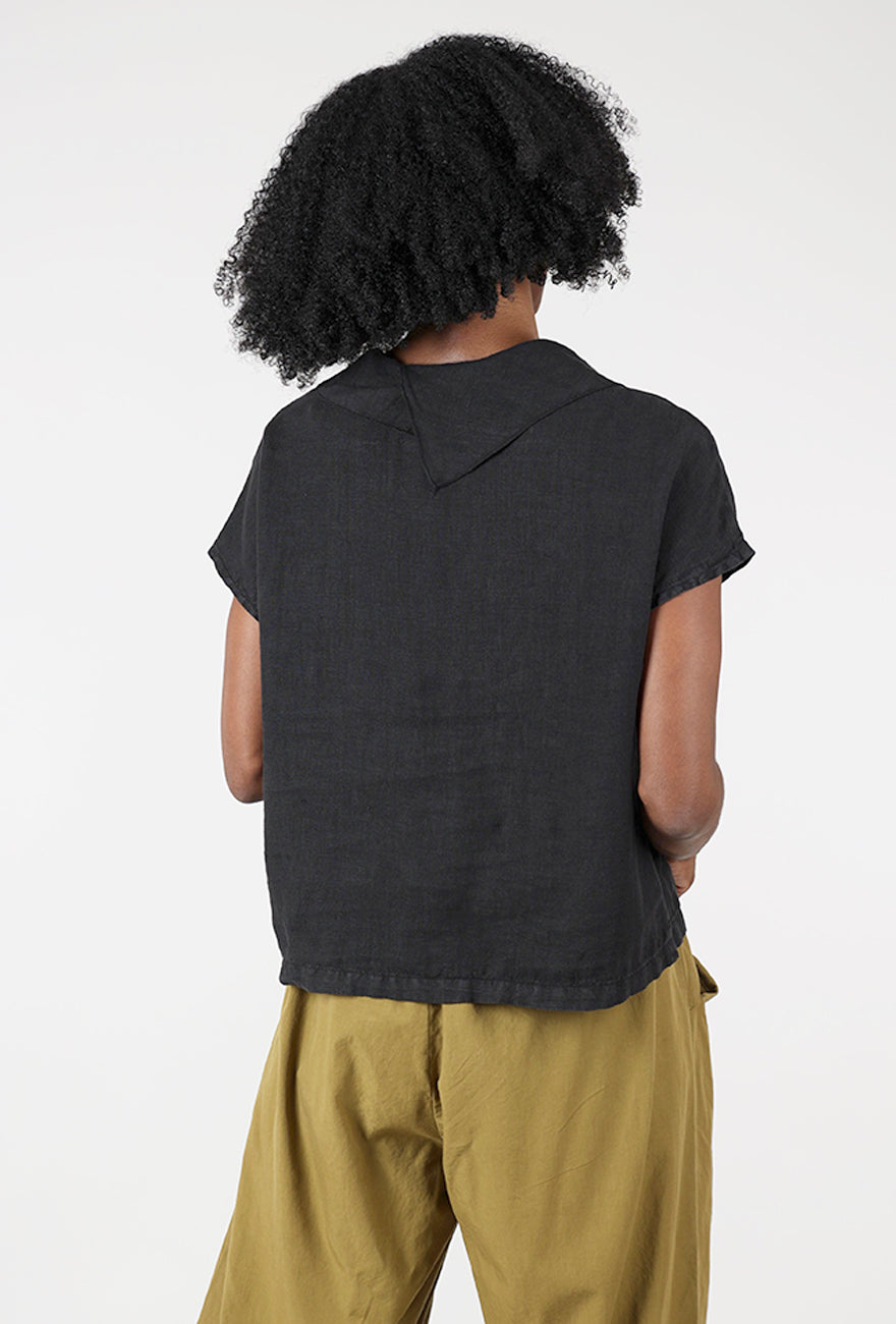 Linen Collar Crop Top, Black Angle 3