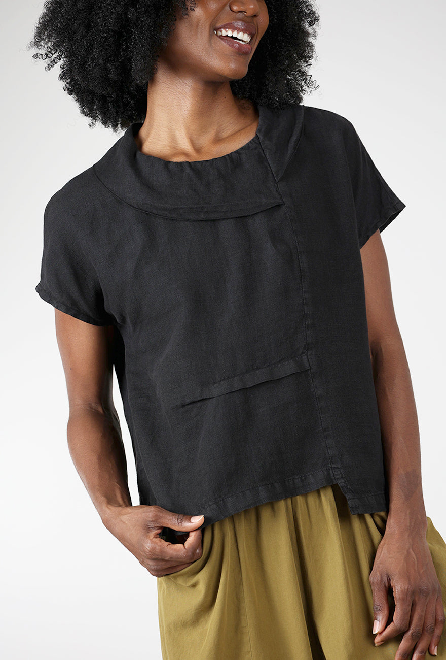 Linen Collar Crop Top, Black