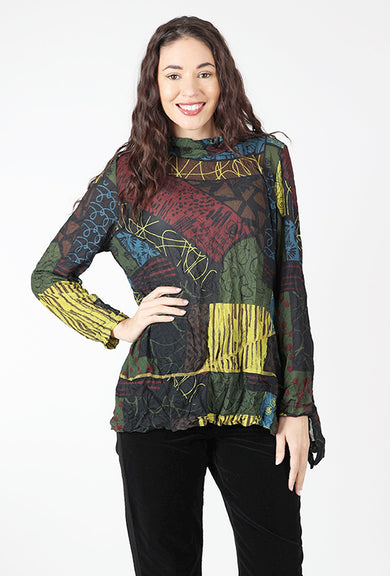 Moonlight Crinkle Print Swing Top, Black/Kiwi 