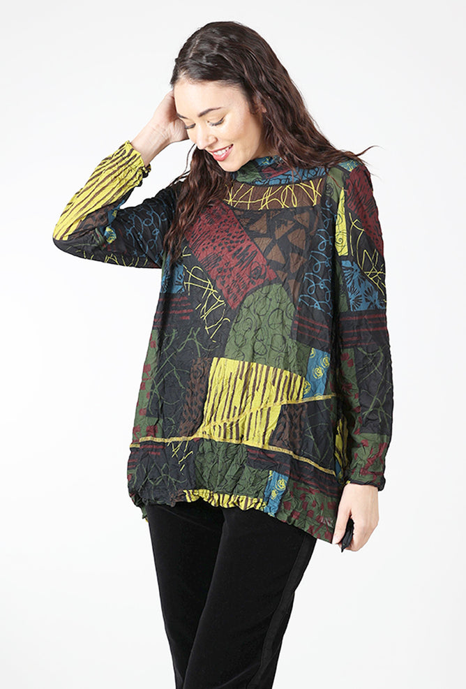 Moonlight Crinkle Print Swing Top, Black/Kiwi 